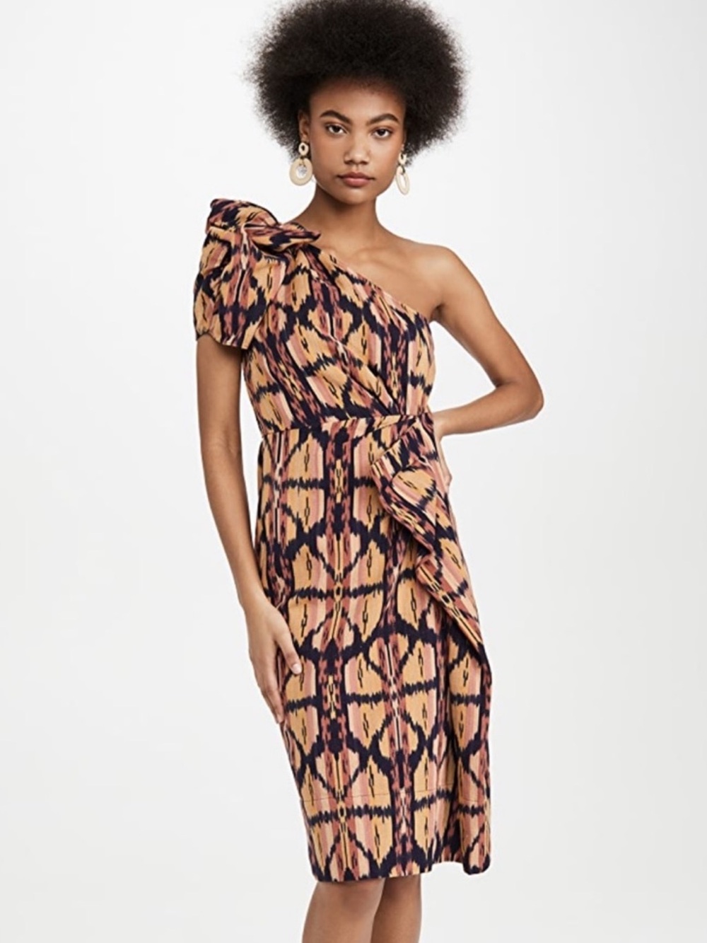 Ulla Johnson One-Shoulder Ikat Dress in Mustard & Navy